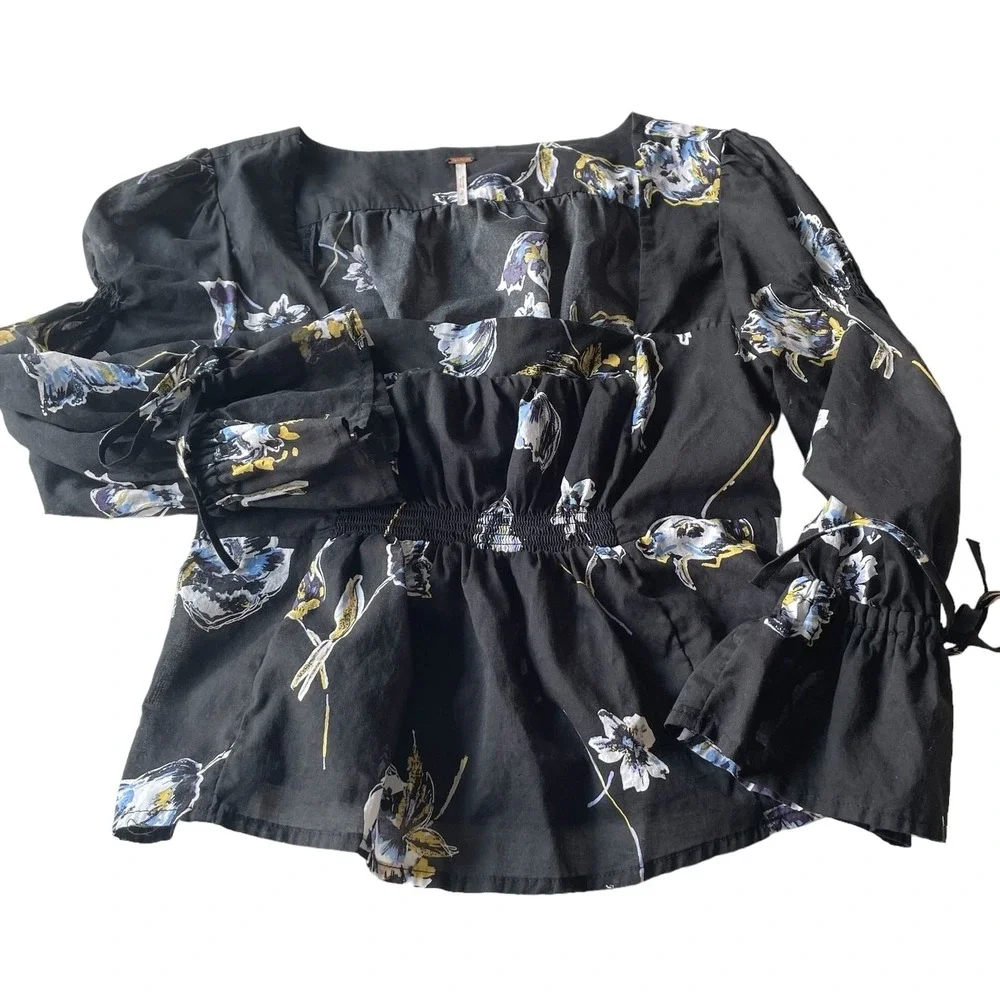 Free People Women's Floral Blouse‎ Black Square Neck Long Sleeve Tie Cuff Top S